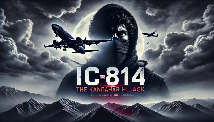 A dramatic image depicting the IC-814 hijacking. A masked figure stands against a backdrop of a stormy sky, with a hijacked airplane flying overhead. Mountains and a full moon are visible in the background.